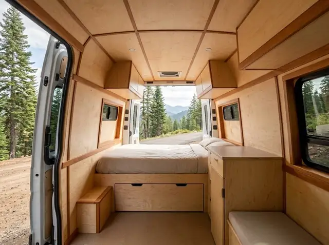 Camper van interior lined with light birch wall panels and a birch bed base (illustration)